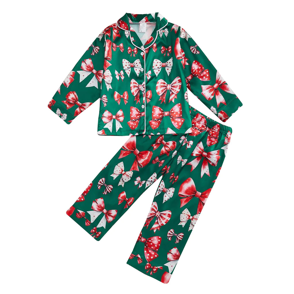 fyclemt Toddler Baby Girl Boy Christmas Silk Satin Pajamas Set Santa Button Down Pjs Kids Long Sleeve Shirt Pants Xmas Pjs Sleepwear (Bow Print Green 5-6 Years)
