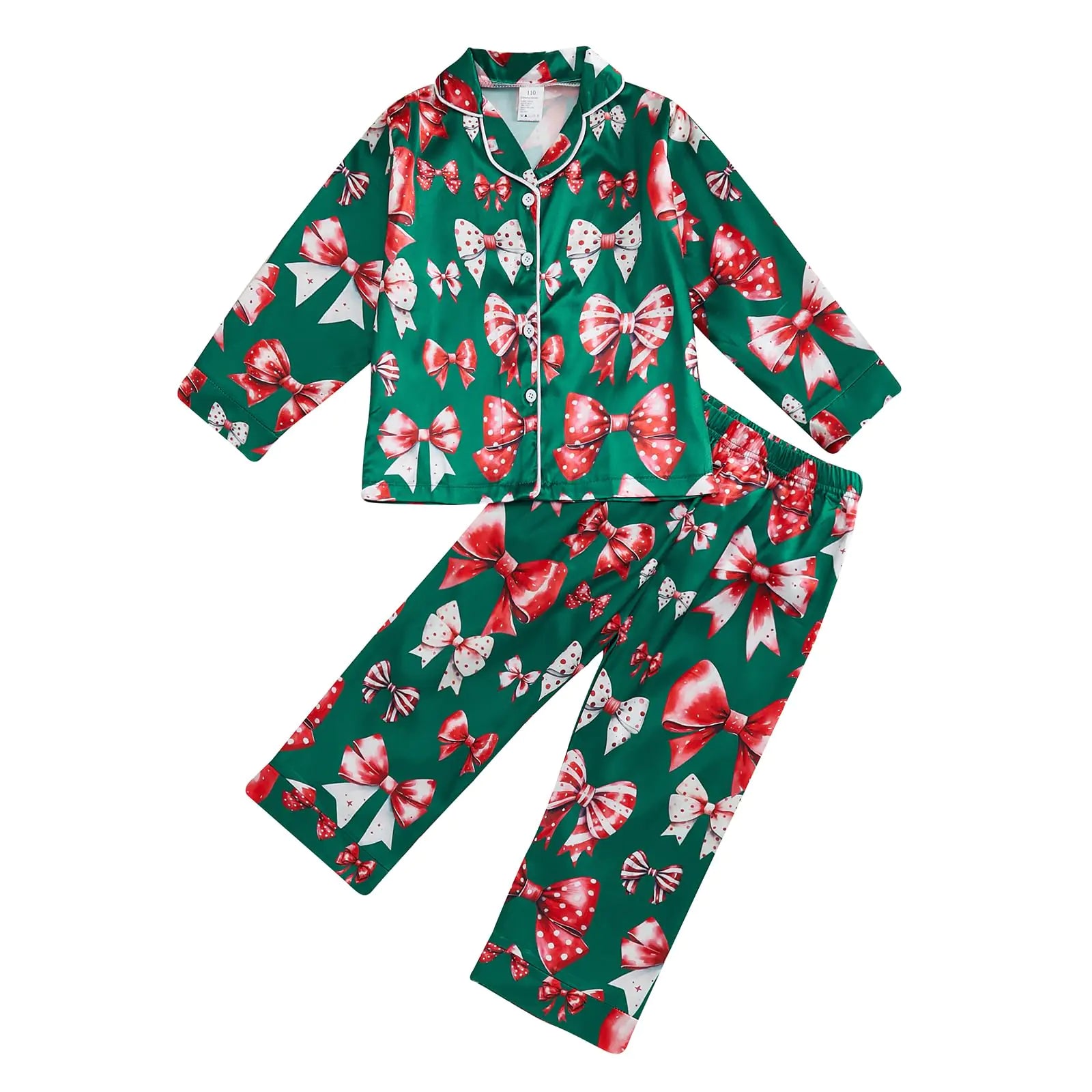 fyclemt Toddler Baby Girl Boy Christmas Silk Satin Pajamas Set Santa Button Down Pjs Kids Long Sleeve Shirt Pants Xmas Pjs Sleepwear (Bow Print Green 5-6 Years)
