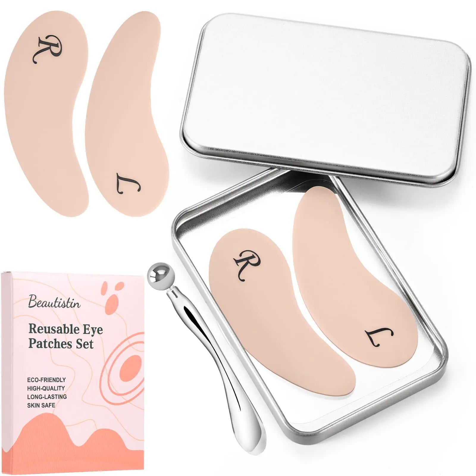 Beautistin Under Eye Patches Silicone - 2 Pairs Reusable Eye Patches Eye Wrinkle Patches Reusable Under Eye Mask Plump Fine Lines & Wrinkles with Metal Eye Cream Applicator Tin Case Cream Color