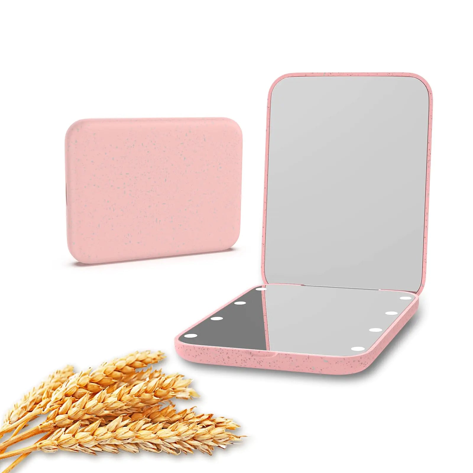 Kintion Wheat Straw Pocket Mirror 1X/3X Magnification Travel Mirror for Purse Lighted Plastic Fiber Mirror Folding Handheld Mirror Small Lighted Compact Mirror for Gift Pink