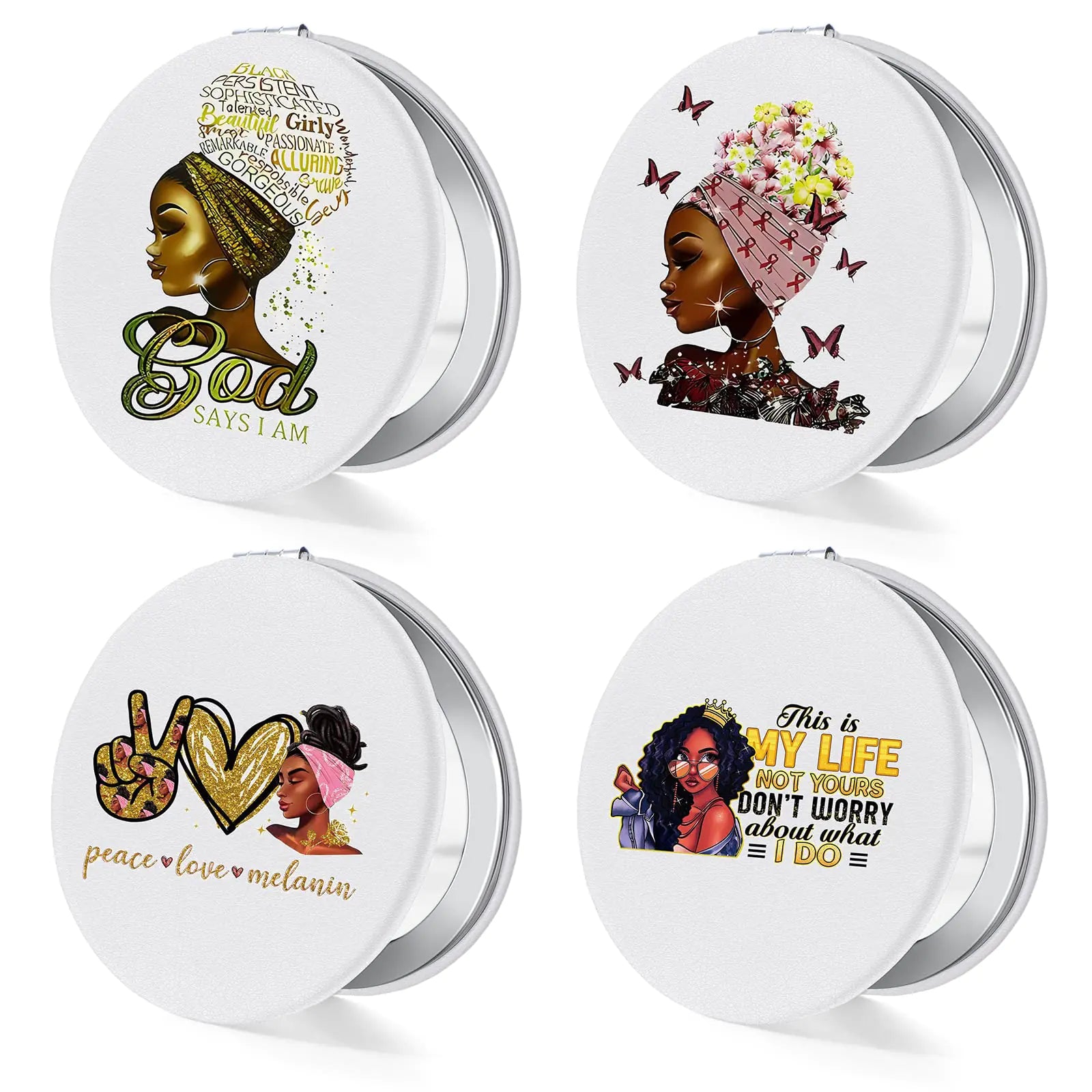 Fumete 4 Pcs African Women Compact Mirror Travel Makeup Pocket Mirror for Purse Mini Compact Mirror Small Mirror Double Sided Folding Mirror Portable Pocket Mirror for Women Girls