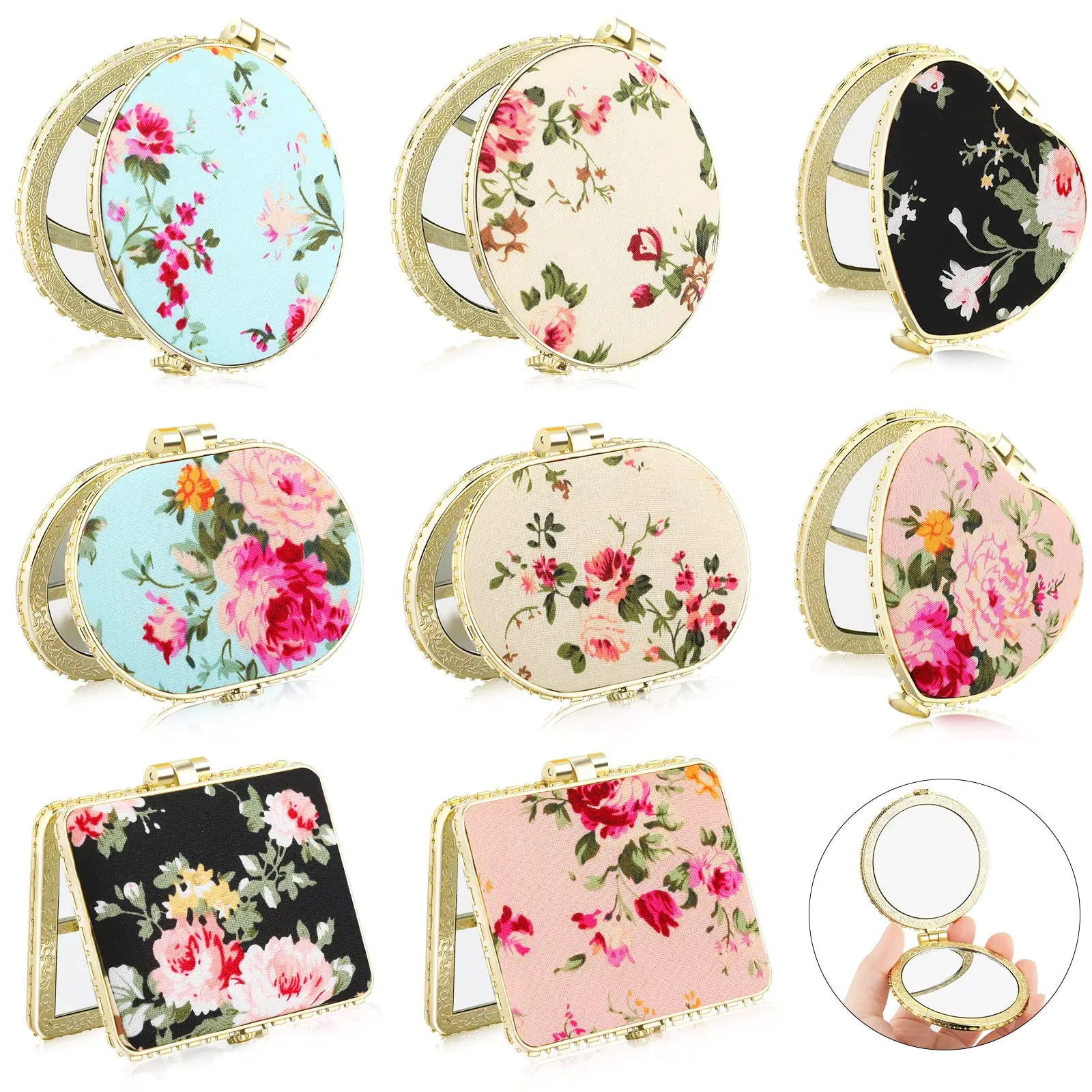 Blulu 8 Pieces Compact Mirror for Purse Flower Small Compact Mirror Gift Bulk Makeup Mirror Floral Pocket Mirror Retro Folding Portable Travel Mirror for Women Girls(Gold Edge)