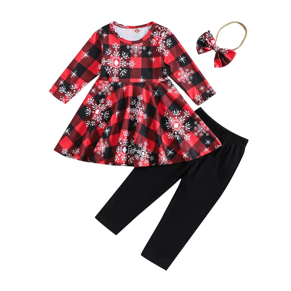 Aruzig Toddler Baby Girls Christmas Clothes Red Black Buffalo Plaid Snowflake Ruffle Shirt Pants Outfit 18-24 Months