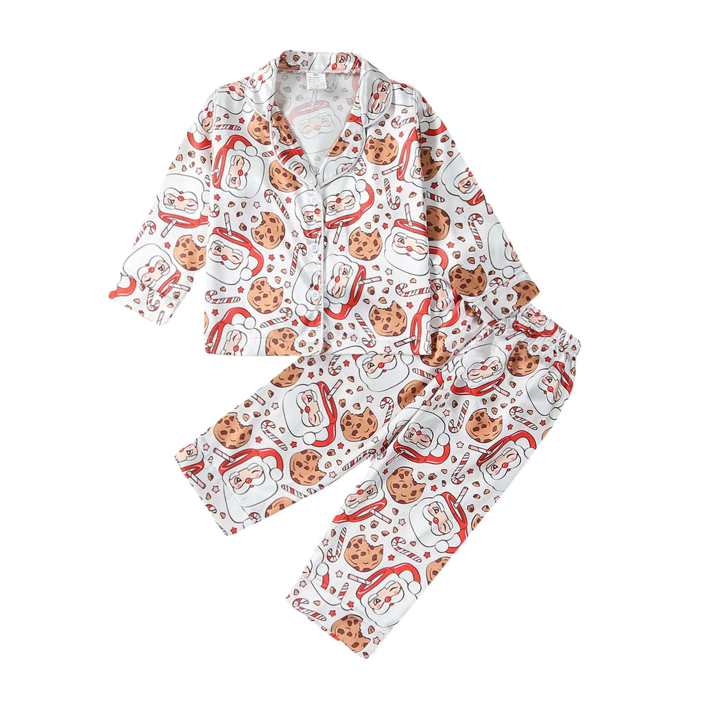 MAINESAKA Toddler Baby Girl Boy Satin Silk Pajamas 2 Piece Long Sleeve Button Down Shirt Elastic Band Flower Sleepwear Pjs (A-Santa Claus Cookie 12-24 Months)