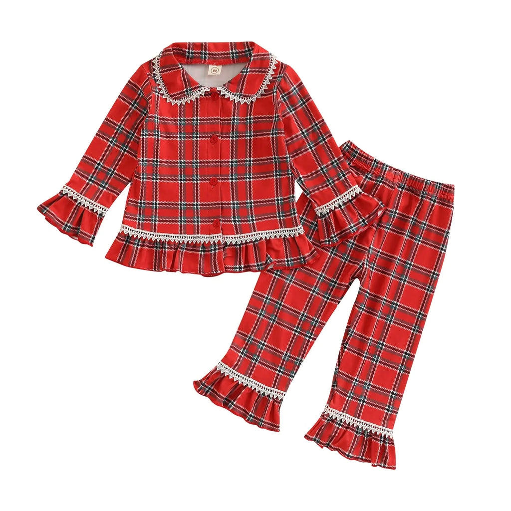 MAINESAKA Baby Boy Girl Pajamas Christmas Red Plaid Print Long Sleeve Lapel Collar Button Down Top Shirt Pants Nightwear (Red Plaid 18-24 Months)